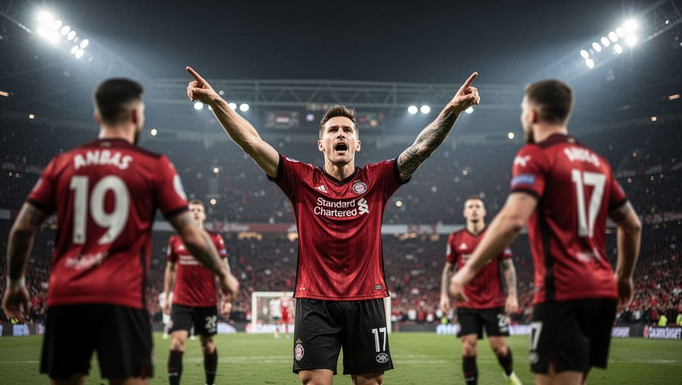 Rennes striker in red-black jersey points to crowd celebrating goal in packed Roazhon Park stadium at night, blurred teammates behind.