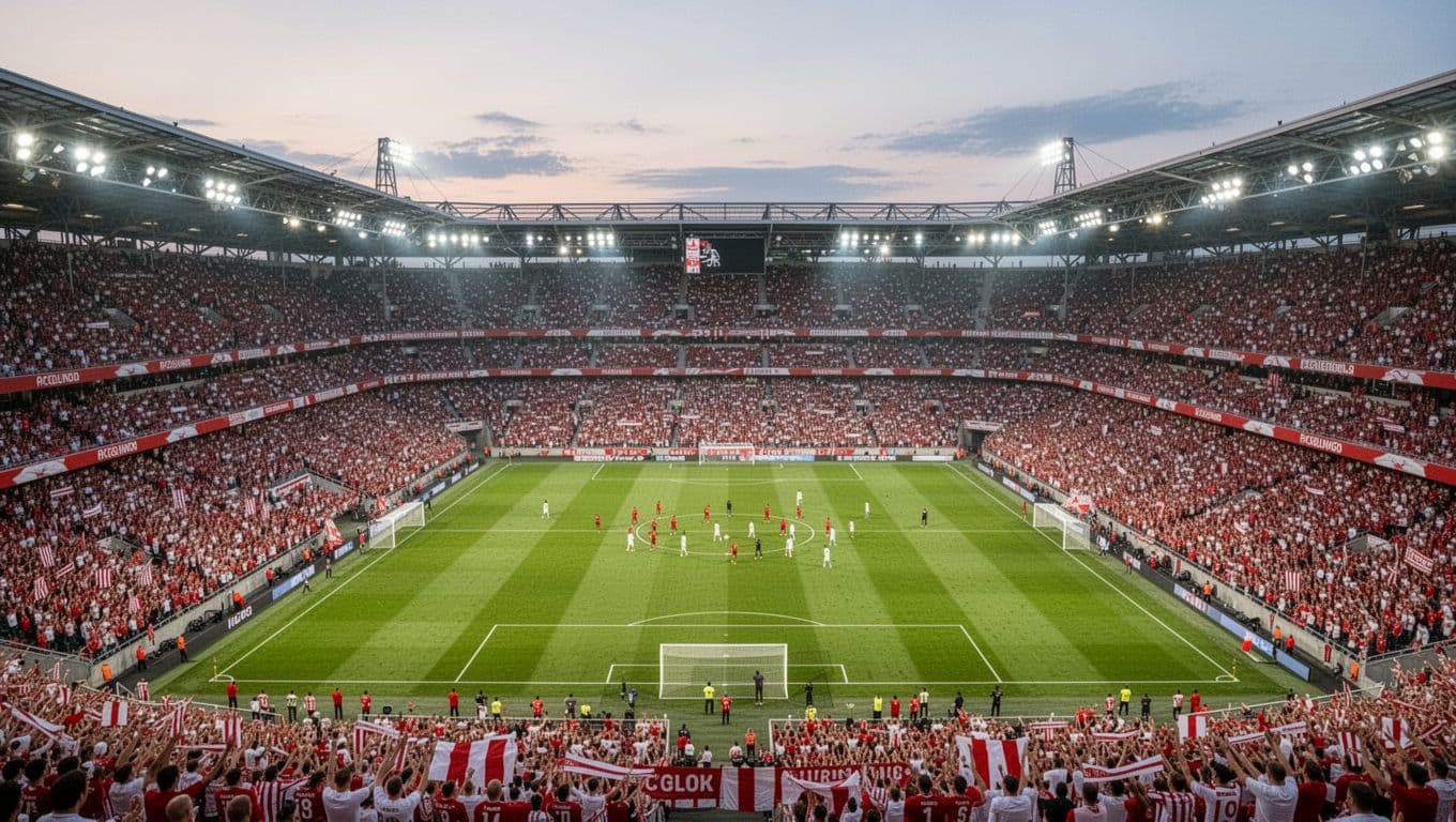 Aerial view of RheinEnergieStadion packed with red and white FC Köln fans, players warming up on pitch, evening lights glowing.
