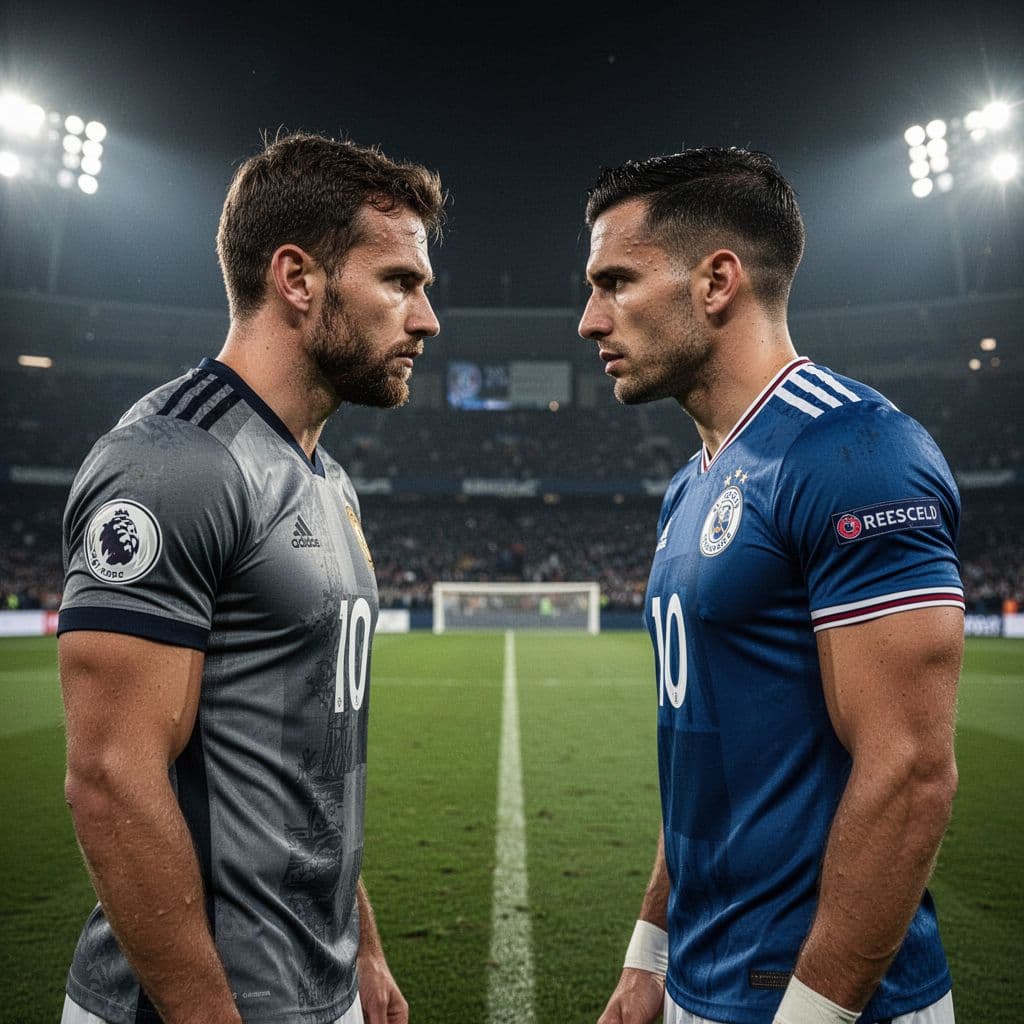 Two professional football players from opposing teams stand face-to-face on a brightly lit pitch at night.