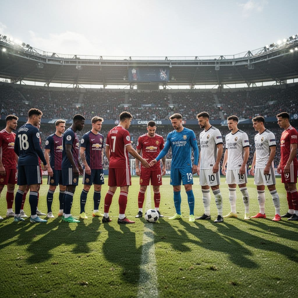 Two football teams line up facing each other on a stadium pitch.