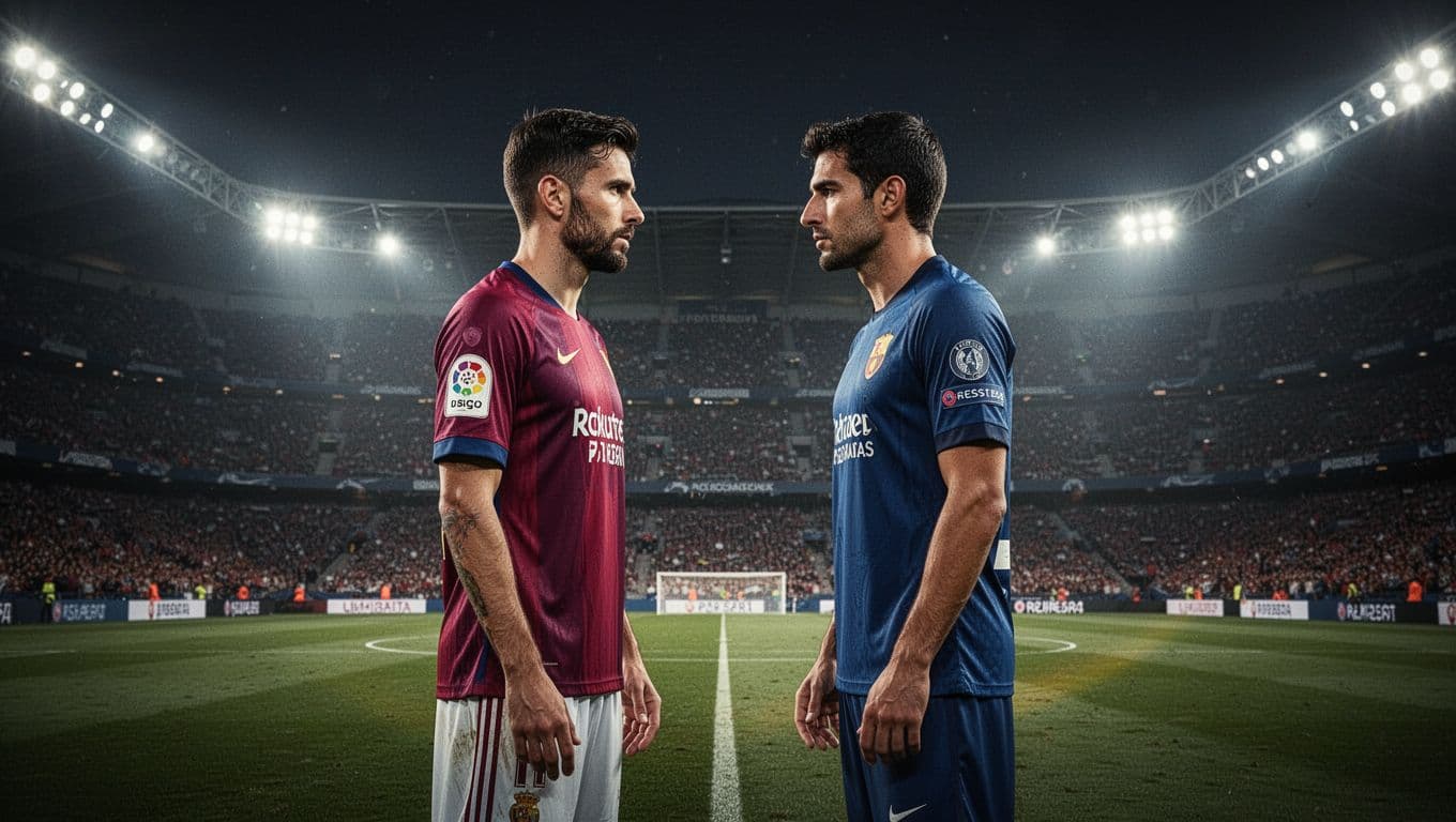 Dua pemain profesional mengenakan jersey tim nasional berdiri berhadapan di tengah stadion yang gelap saat malam hari. Sorotan lampu stadion menciptakan suasana dramatis dan menegangkan di lapangan hijau yang luas.