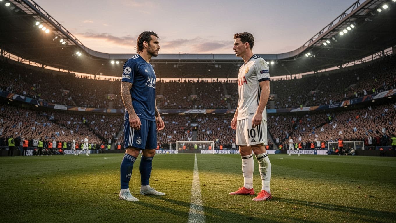 Dua pesepak bola profesional berdiri berhadapan di tengah lapangan hijau stadion megah saat senja. Latar belakang dipenuhi ribuan penonton yang kabur, menciptakan suasana pertandingan yang sangat intens dan penuh tekanan emosional.