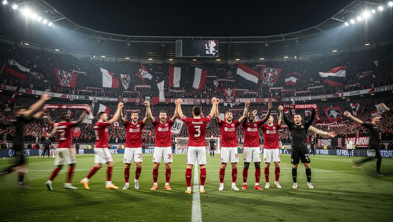 Red and black clad fans wave flags from packed stands as Rennes players celebrate goal on floodlit pitch.