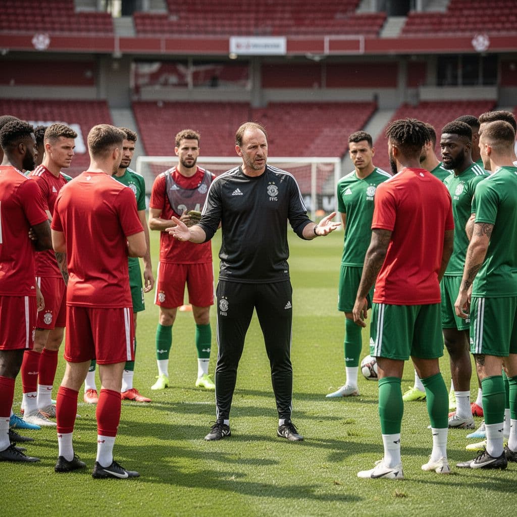 Coach Roberto Martinez stands on a vibrant green grass pitch, gesturing toward a group of professional players wearing red and green uniforms. The outdoor stadium session occurs under bright sunlight.