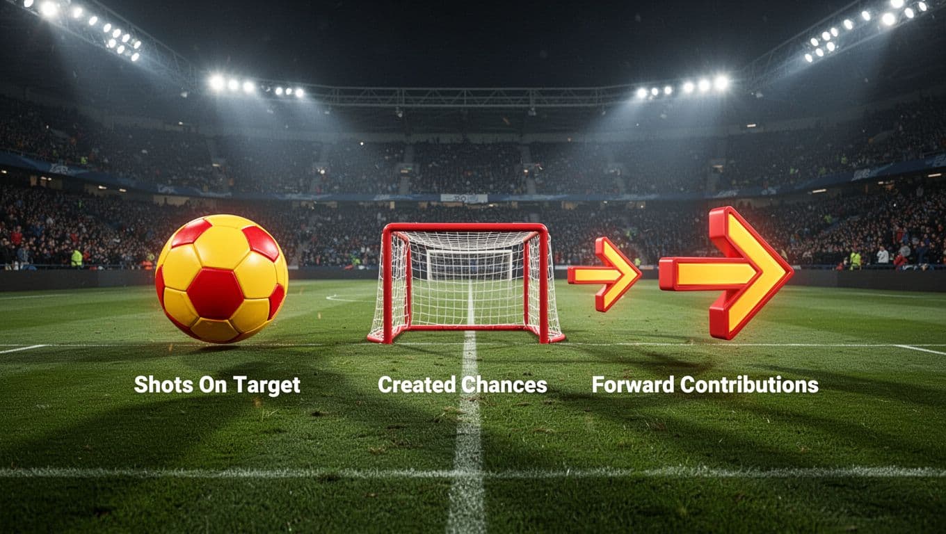 Infographic with soccer ball, goal, and arrow icons showing Roma's shots on target, chances created, and forward contributions on football field background with stadium lights.