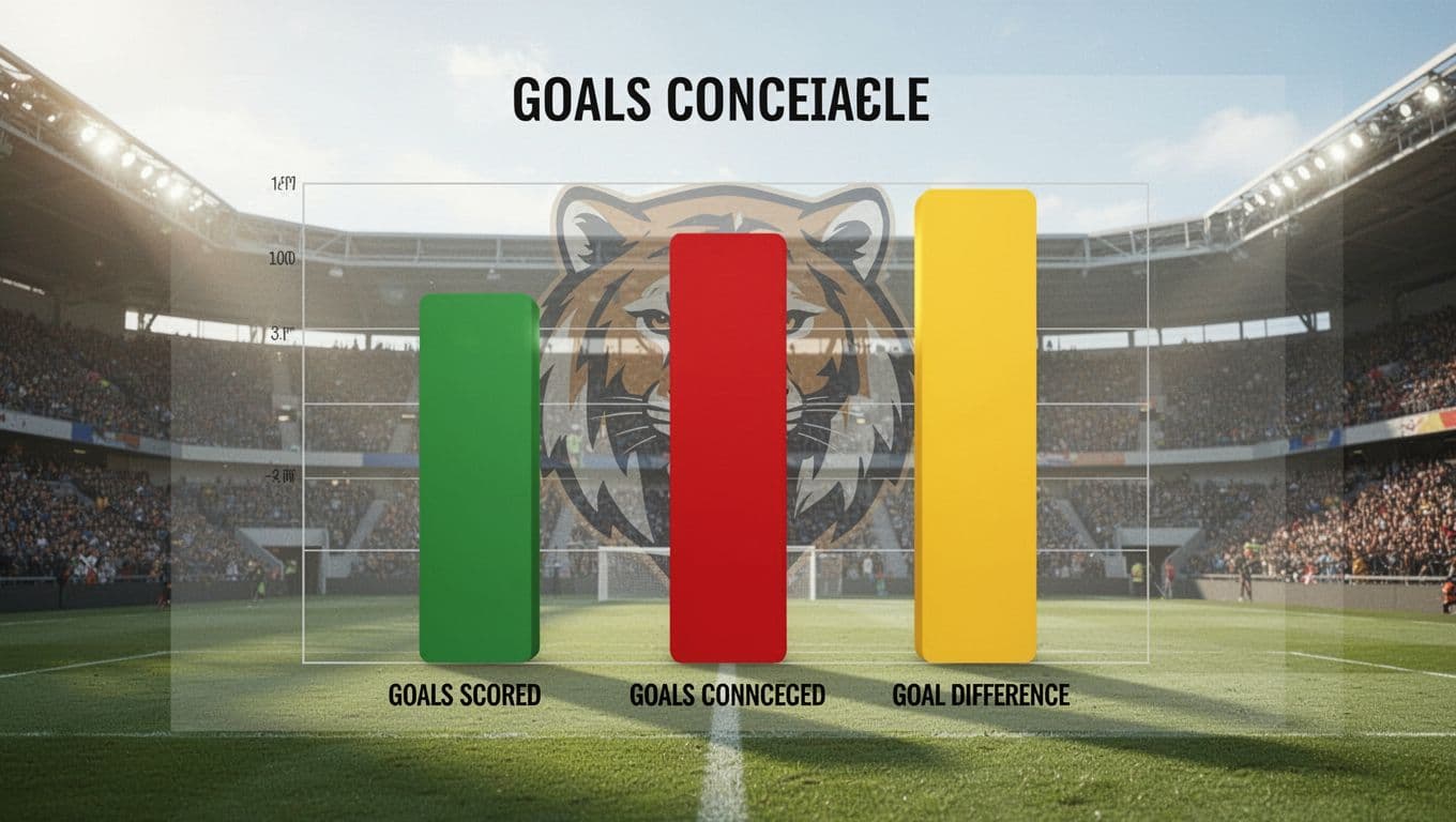 Bar chart shows Roma's Serie A goals scored in green, conceded in red, goal difference in yellow on stadium background with wolf emblem.