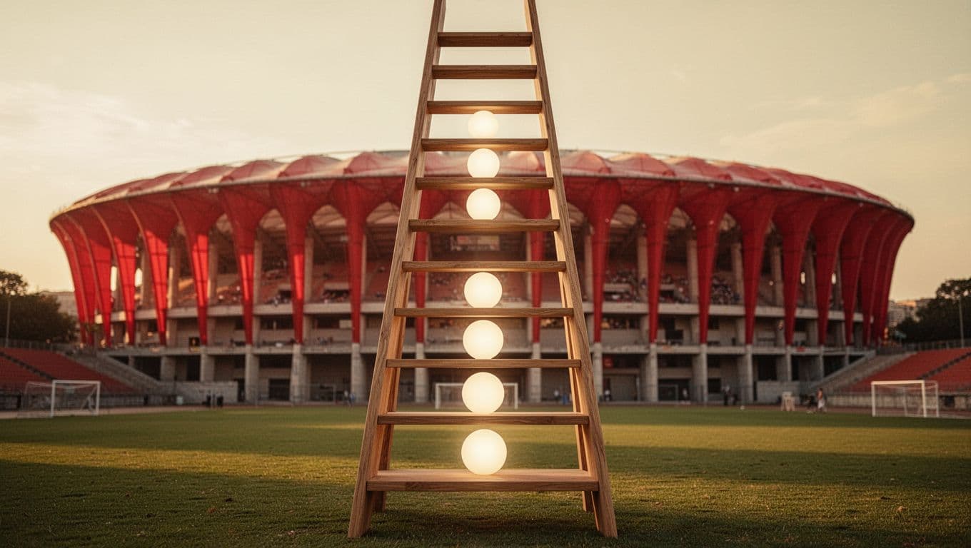 Ladder chart infographic displays AS Roma's potential Serie A finishing positions, highlighting spots 4-6 and top 3 on subtle red-yellow stadium background.