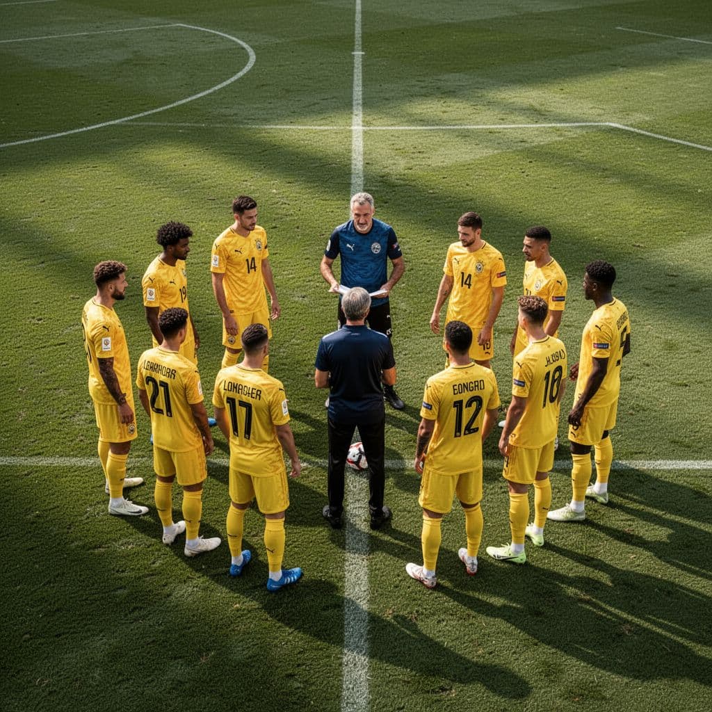 Seven football players in yellow jerseys listen to their coach on a professional grass pitch.