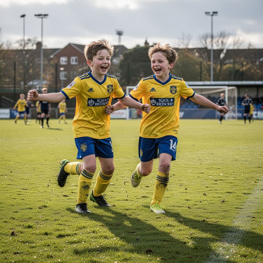Young soccer players in yellow and blue kits celebrate together on a sunny grass pitch.