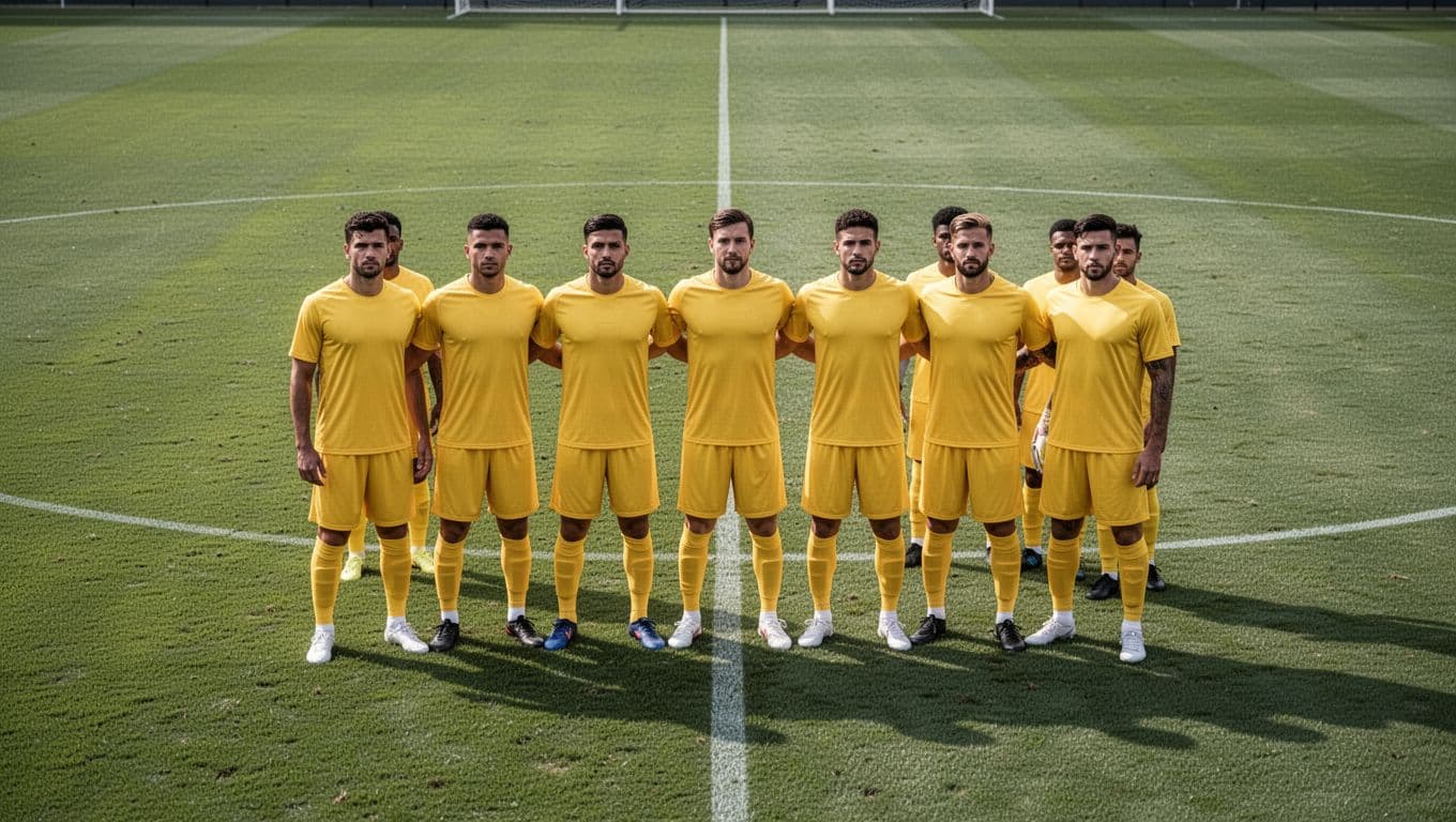 A group of football players in yellow jerseys stands together on a professional grass pitch.
