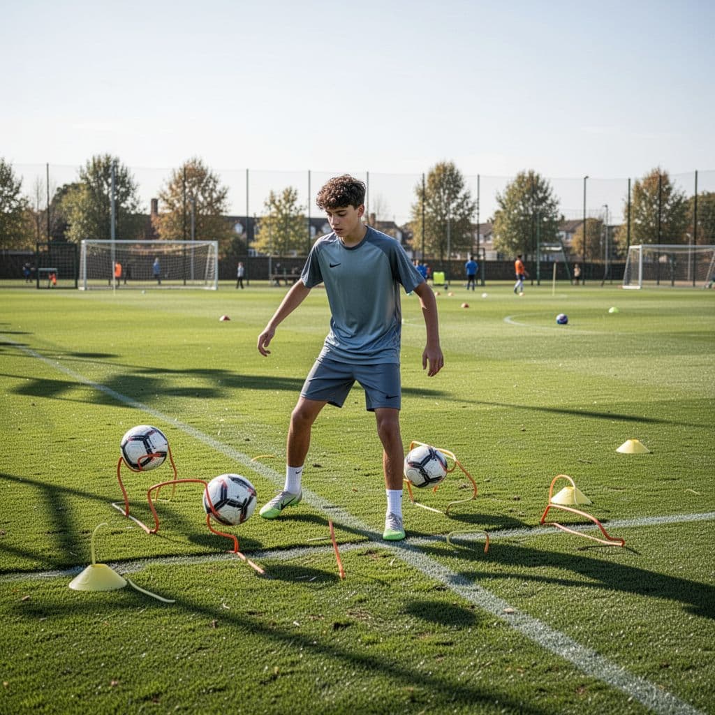 A teenager wearing a red and green Portugal training kit drills on a lush green grass field. The bright daylight highlights his athletic focus during a professional soccer practice session.