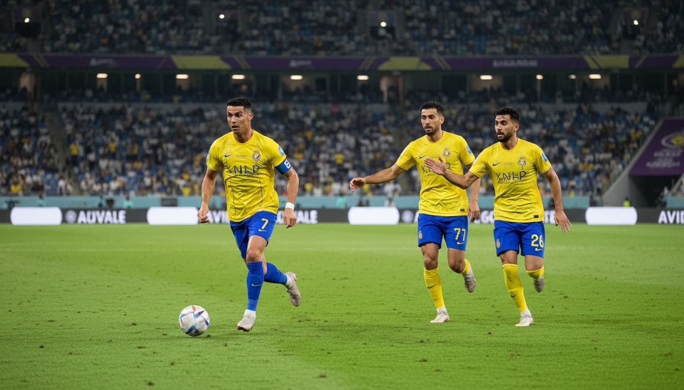 Cristiano Ronaldo advances with Brozovic and Wesley in dynamic Al Nassr soccer action on Saudi stadium field under vibrant lights.