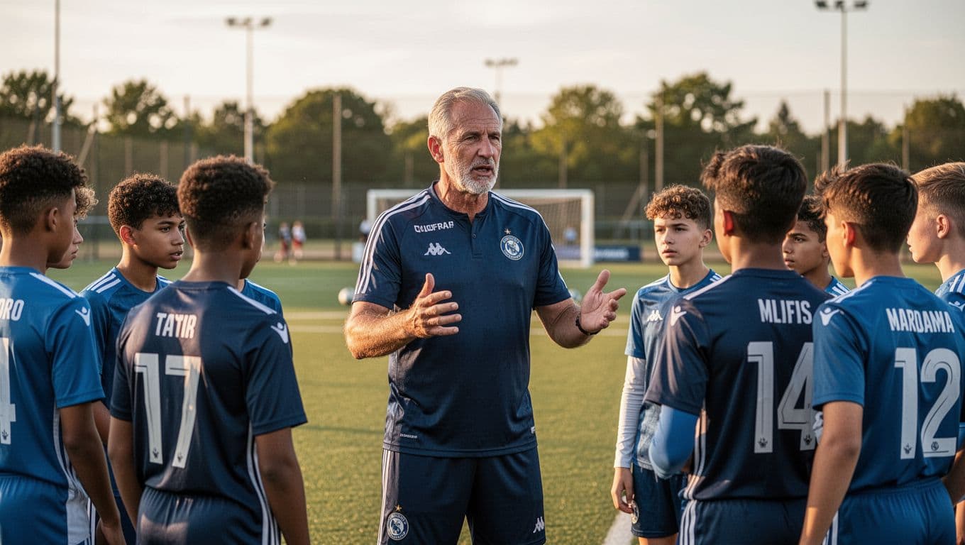 A charismatic veteran captain gestures while speaking to focused young teammates on a lush green training pitch. Warm golden afternoon sunlight illuminates their expressions during this intense practice session.