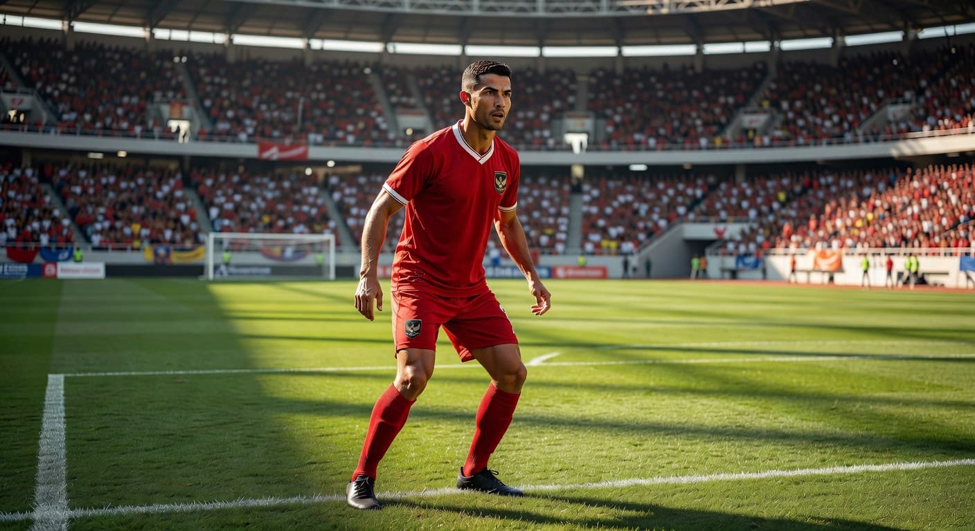 A seasoned athlete wearing a red national team kit stands poised inside the penalty area. The background features a blurred, energetic stadium crowd while warm late afternoon sunlight highlights his intense expression.