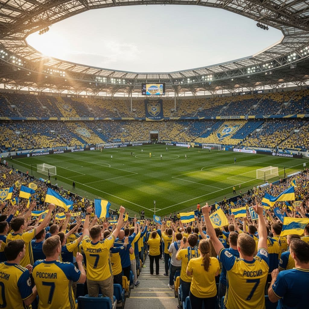 Crowded stands at Rostov Arena with fans in yellow and blue facing bright green field in afternoon sun.