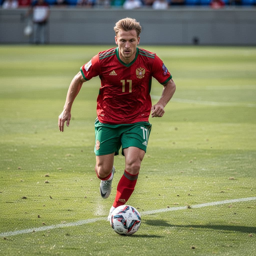 Russian soccer midfielder in red-green jersey advances ball on green field during bright daytime play.