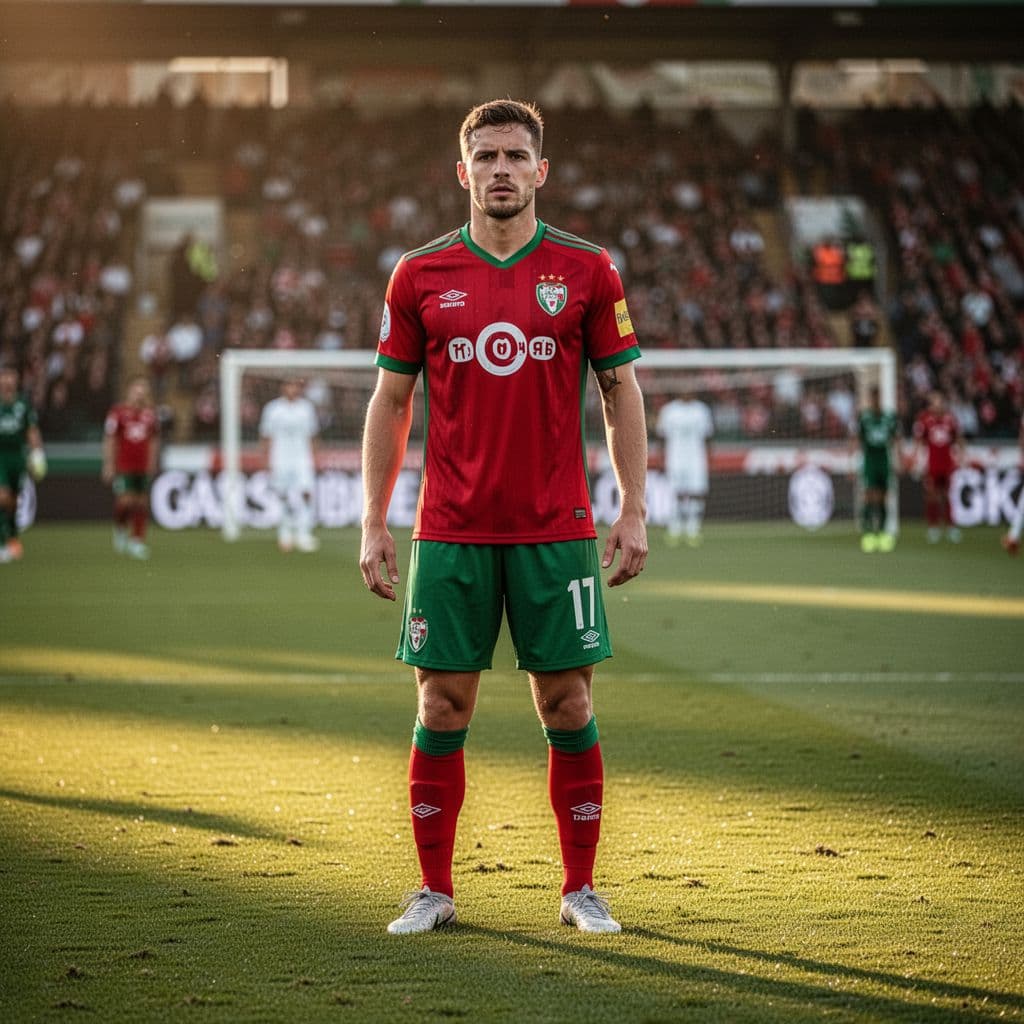Soccer player in red and green kit looks focused on field under late afternoon sunlight.