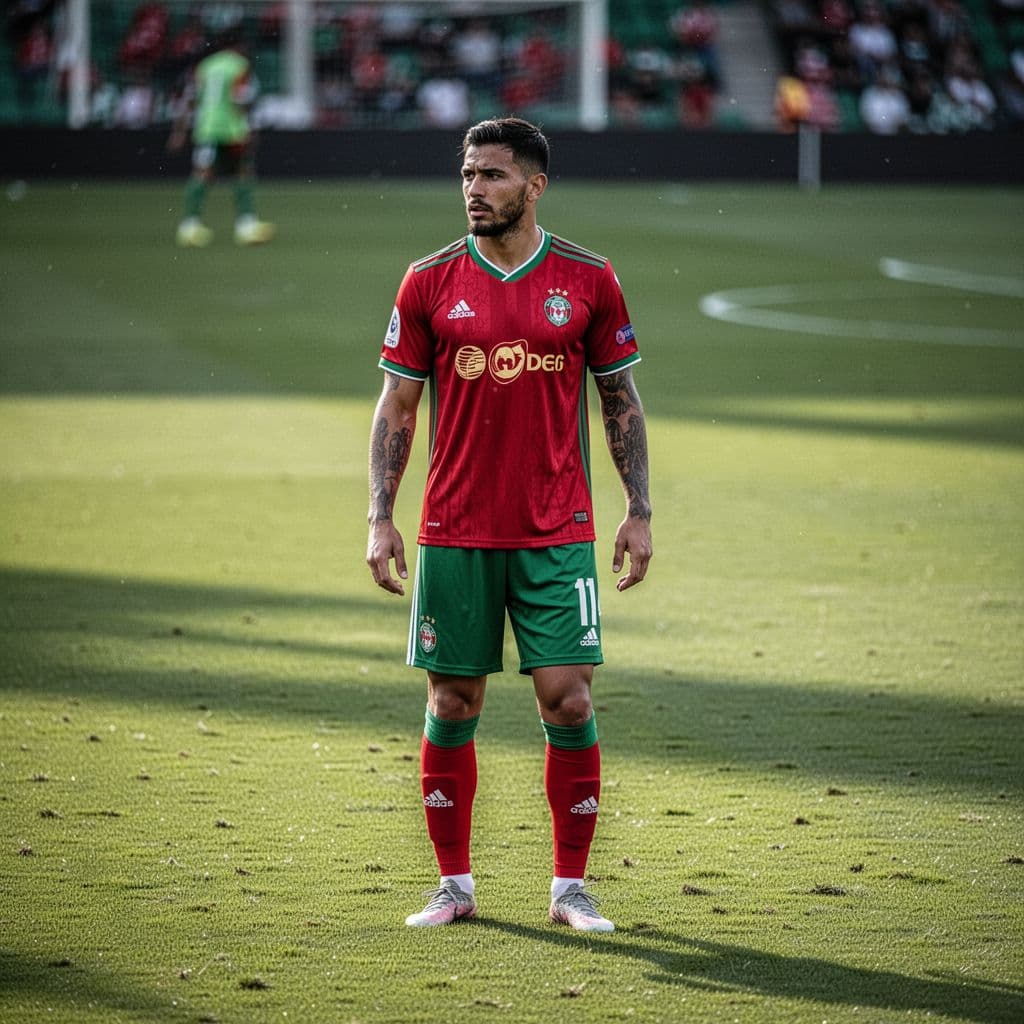 Soccer player in red and green kit stands focused on green grass field.
