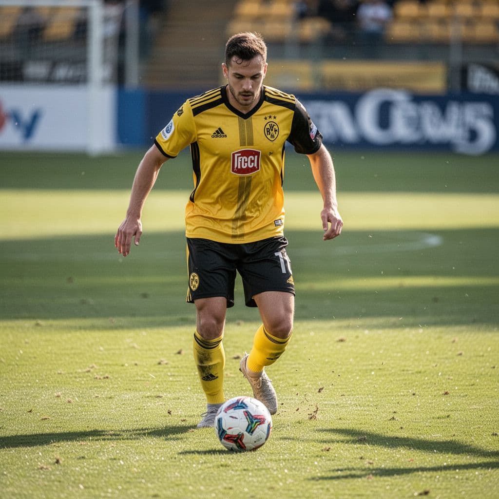 Soccer team trains on grass pitch with player in yellow and black jersey under daylight.