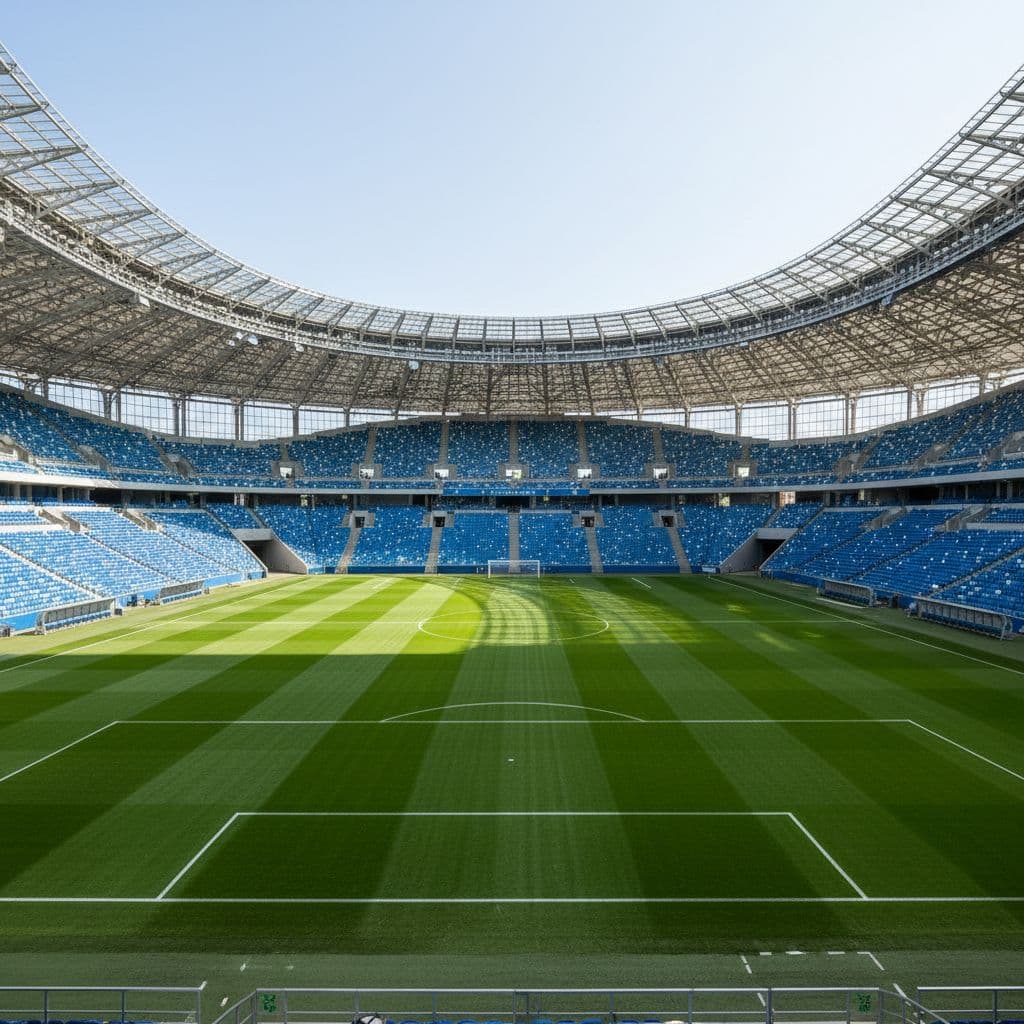 Empty green football pitch at Samara Arena under bright daylight with stadium seating in background.
