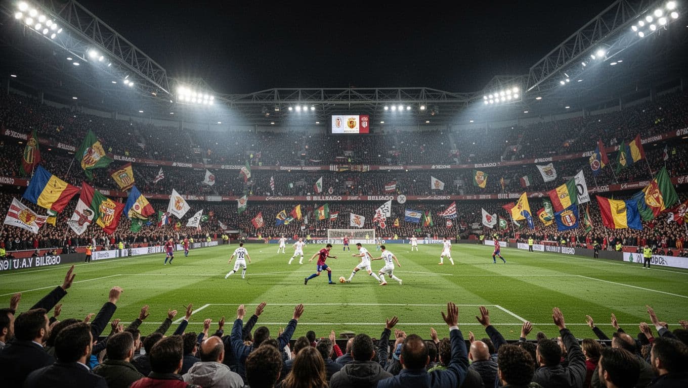 San Mames stadium filled with Athletic Club fans waving flags during night La Liga match against Valencia, players clashing on green pitch.
