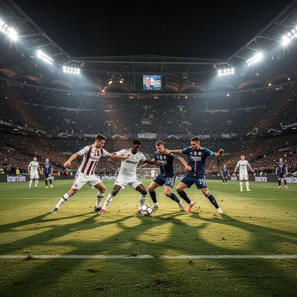 Wide shot of packed San Siro stadium at night with teams competing intensely on green pitch.