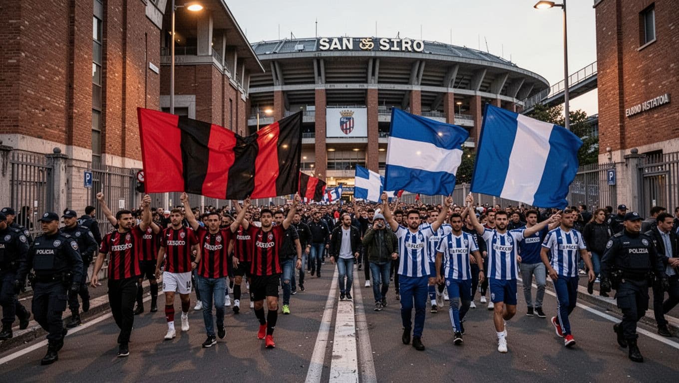 San Siro exterior at dusk with AC Milan and Genoa fans arriving, banners waving, security visible.