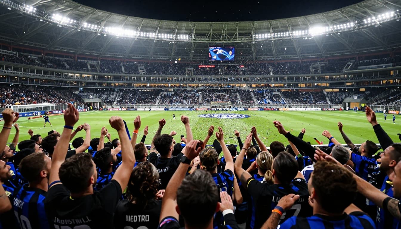Six diverse Inter Milan supporters in stands hug, jump, wave black-blue flags amid flying confetti under bright night stadium lights.