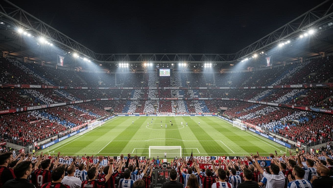 Nighttime San Siro stadium full of fans in AC Milan red-black and Atalanta blue-black jerseys, bright spotlights over empty pitch.