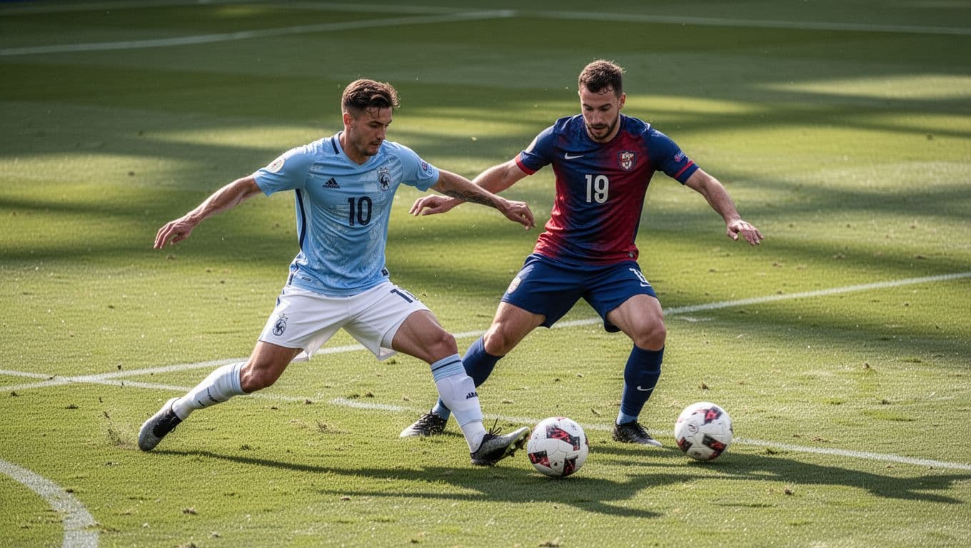 Oihan Sancet tackles for ball in midfield as Dani Vivian blocks shot near penalty area on green pitch.
