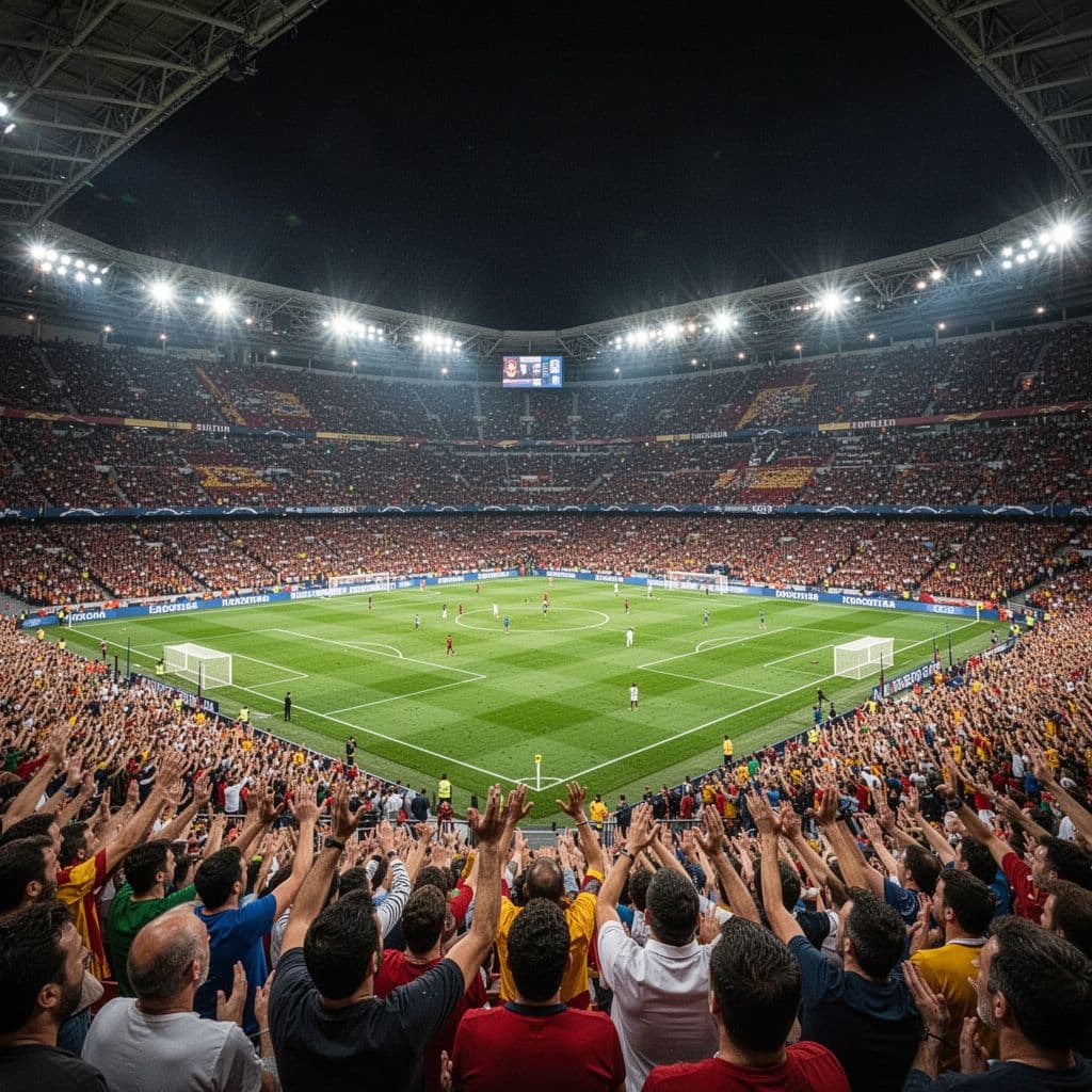 Large football stadium in Spain filled with spectators at night, wide view from stands under bright lights.