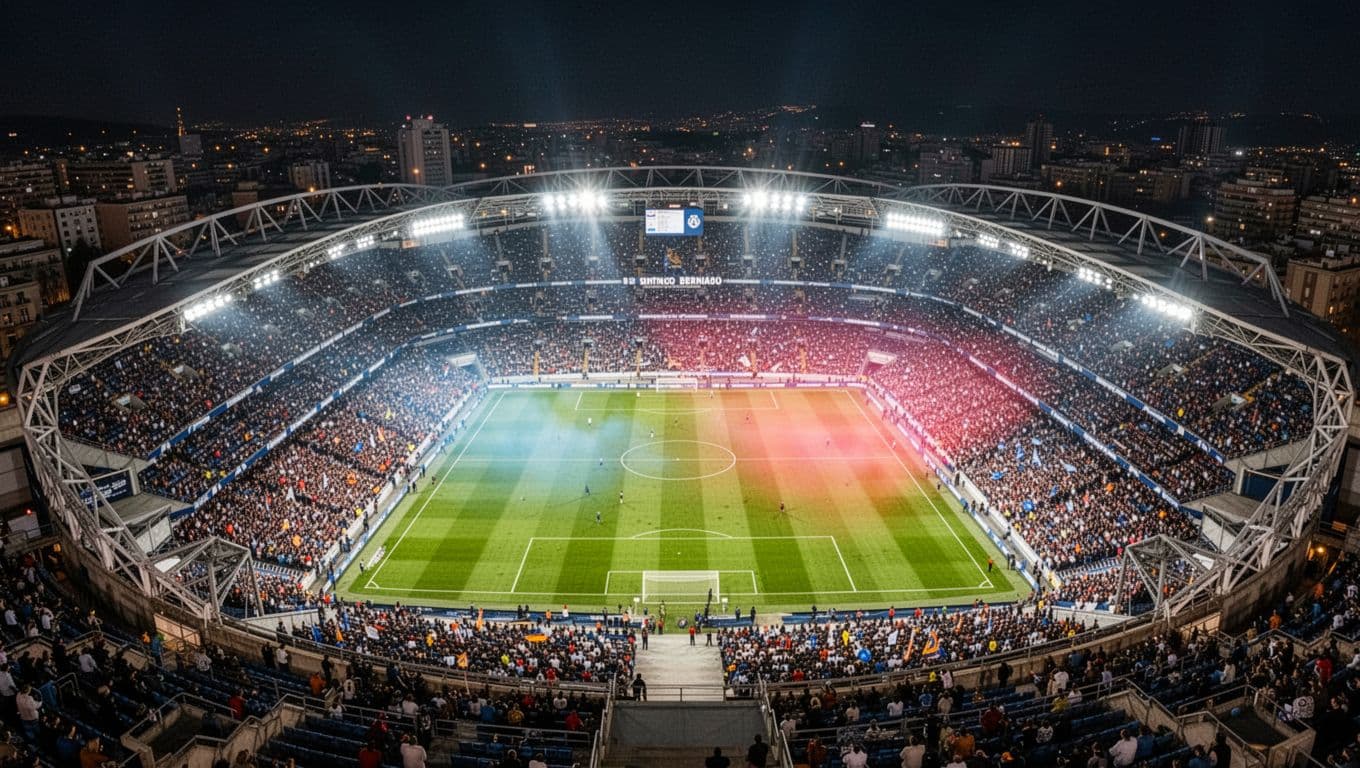 Aerial view of Santiago Bernabeu stadium filled with fans at night for LaLiga match, lit pitch and crowd.
