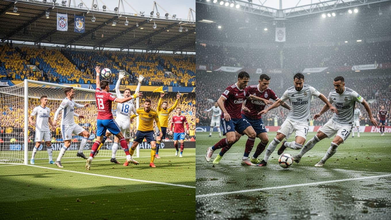 Left: goal celebration with fans in vibrant Vila Belmiro stadium. Right: defensive struggle in rainy away match.