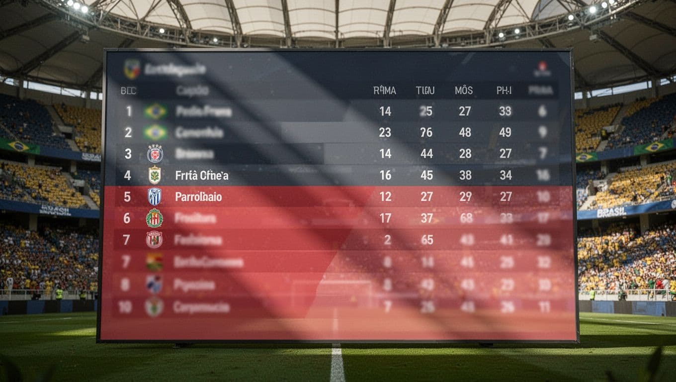 Close-up of digital screen showing blurred lower soccer league table with red zone indicators and stadium seats background.