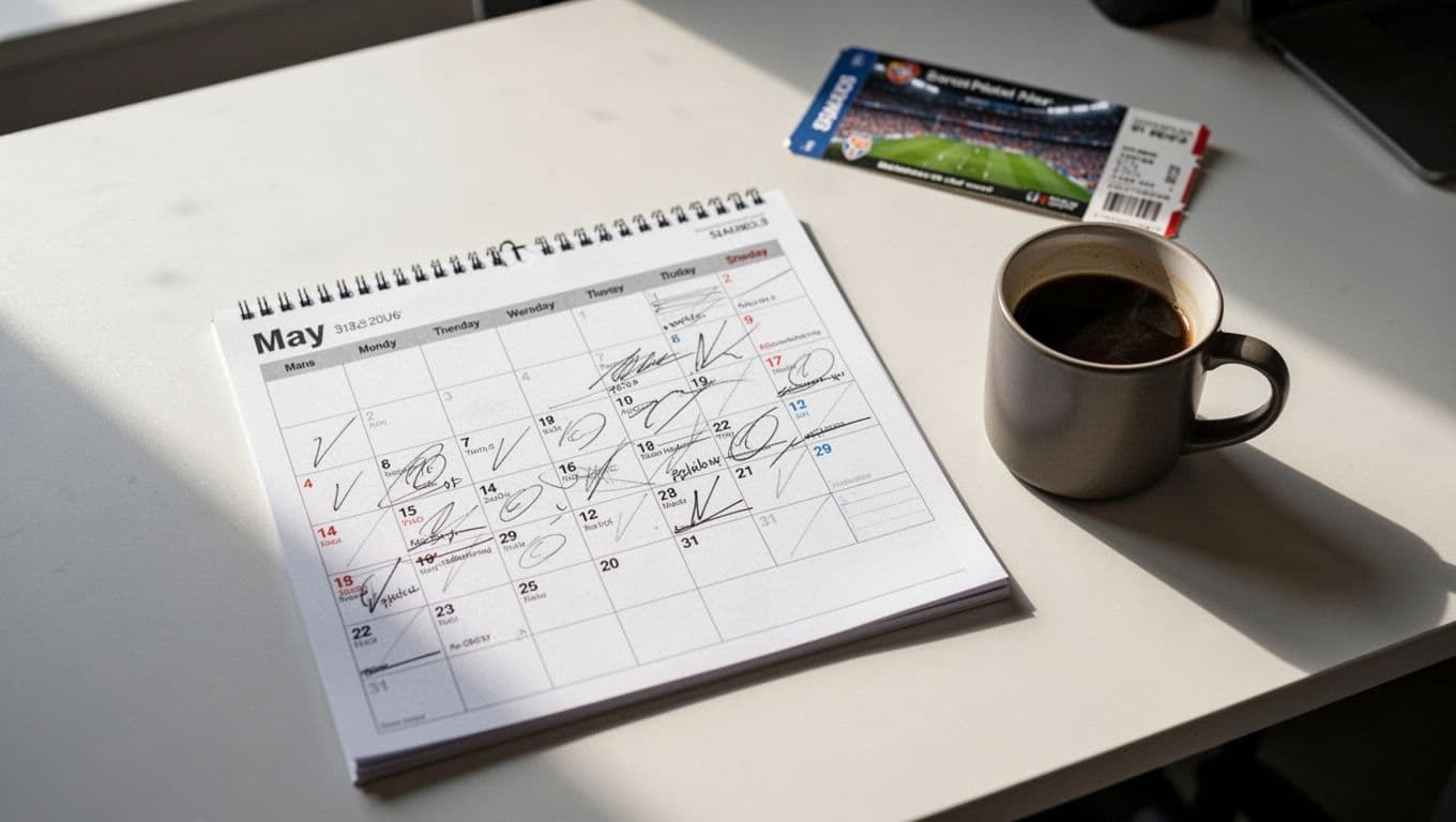 Top-down desk view of May soccer calendar with dense marked Santos FC match dates, coffee mug nearby, blurred stadium ticket in background.