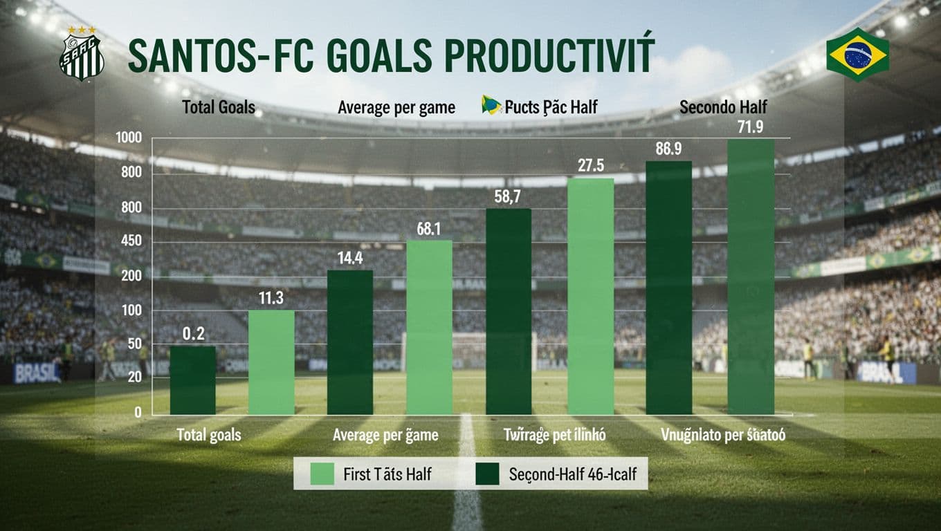 Bar chart shows total goals, average per game, first half vs second half for Santos FC in Serie A 2026, green bars on blurred stadium background.
