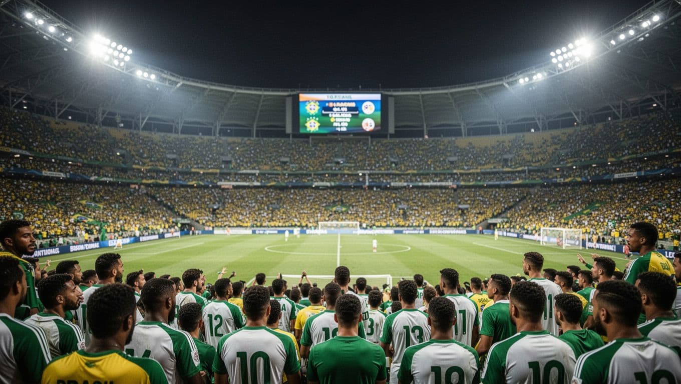 Packed Brazilian stadium with tense Santos FC fans in green-white jerseys under floodlights, focused on pitch and blurred low standings screen.