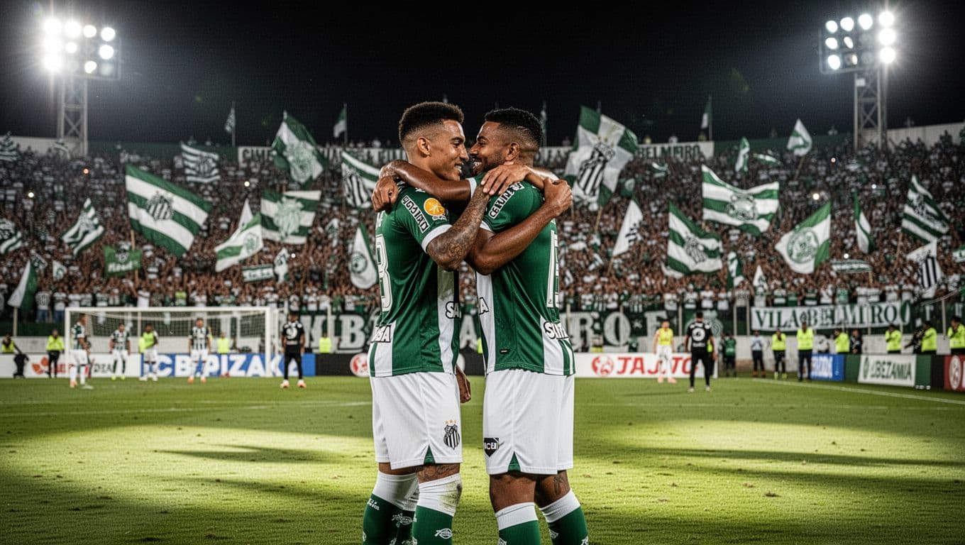 Four Santos FC players in green-white jerseys fist-pump and hug on Vila Belmiro pitch under night floodlights, fans cheer in crowded stands.
