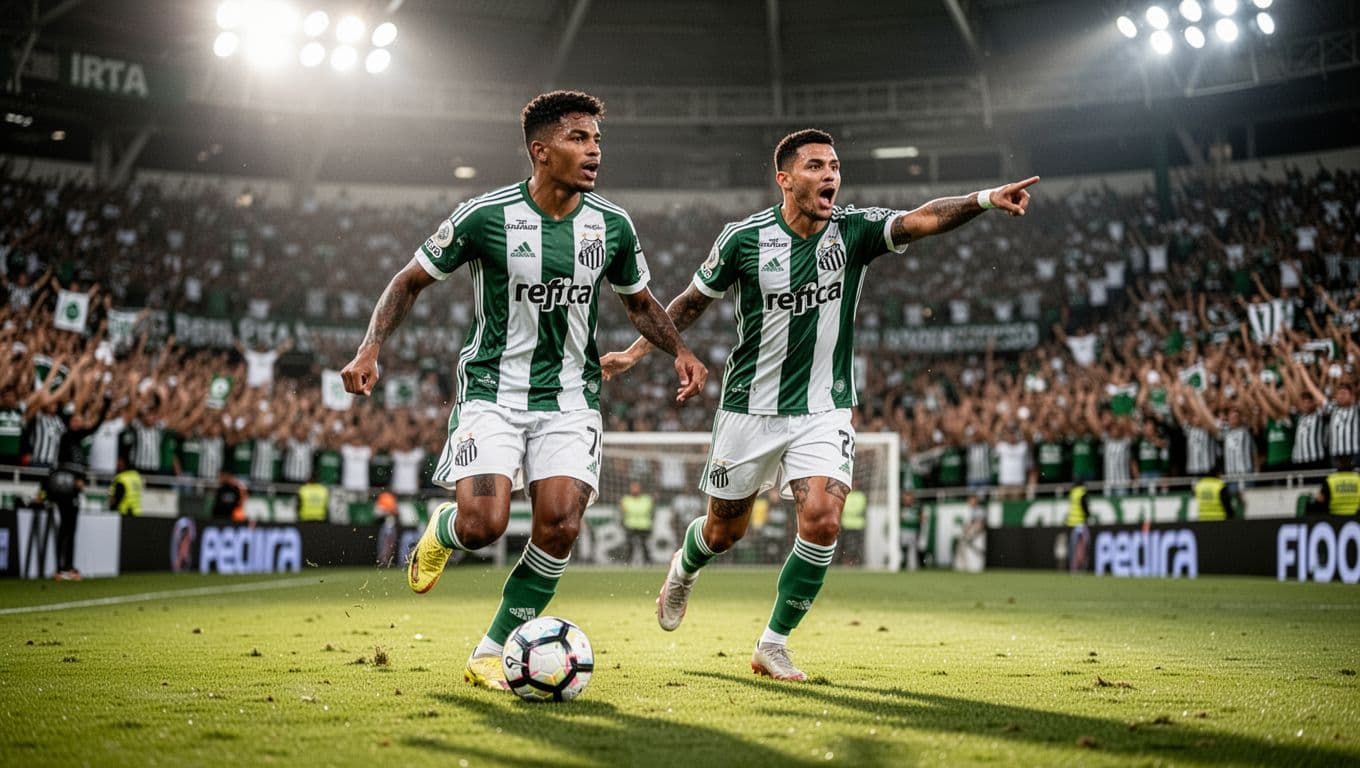 Two Santos FC players in green-white jerseys celebrate a goal on Vila Belmiro pitch, one dribbling forward, one pointing to crowd with blurred fans under floodlights.