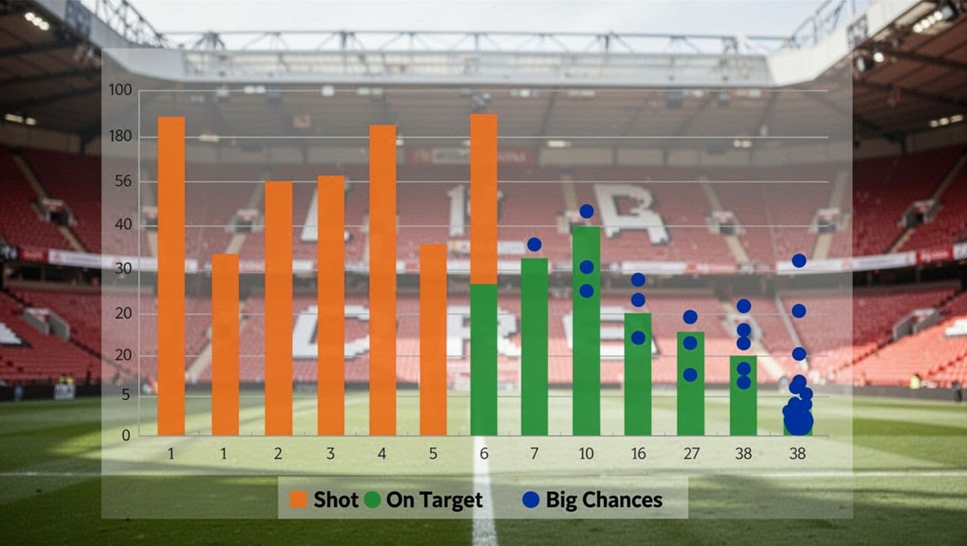 Infographic chart shows shots per game in orange bars, shots on target in green bars, big chances in blue dots on stadium seating background.