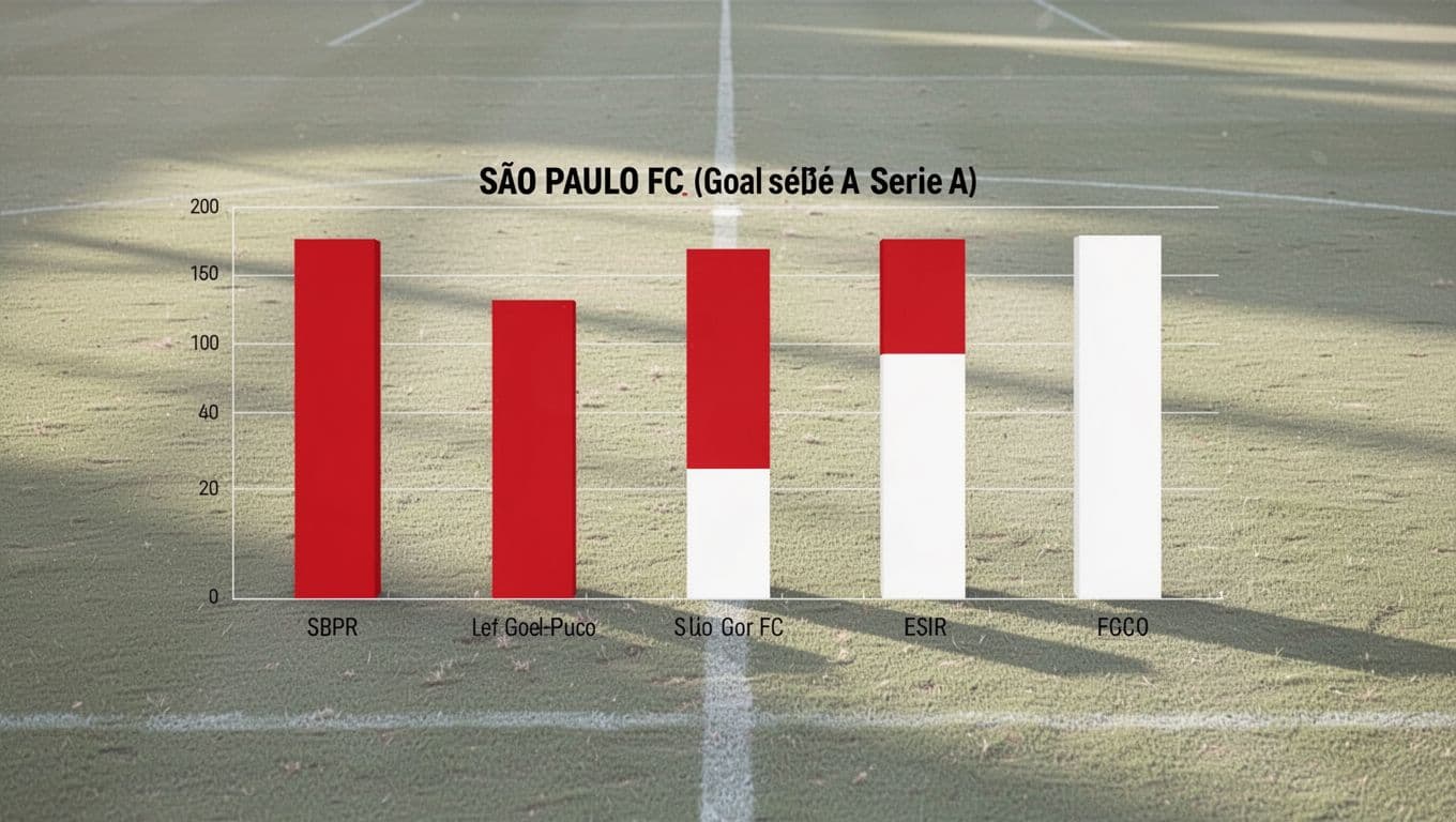 Bar chart with red bars for goals scored and white bars for conceded in five São Paulo FC Serie A matches on subtle football background.