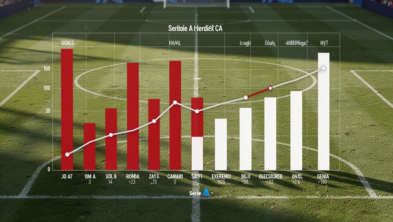 Bar chart with red bars for goals scored, white bars for conceded, and goal difference line on football field background.