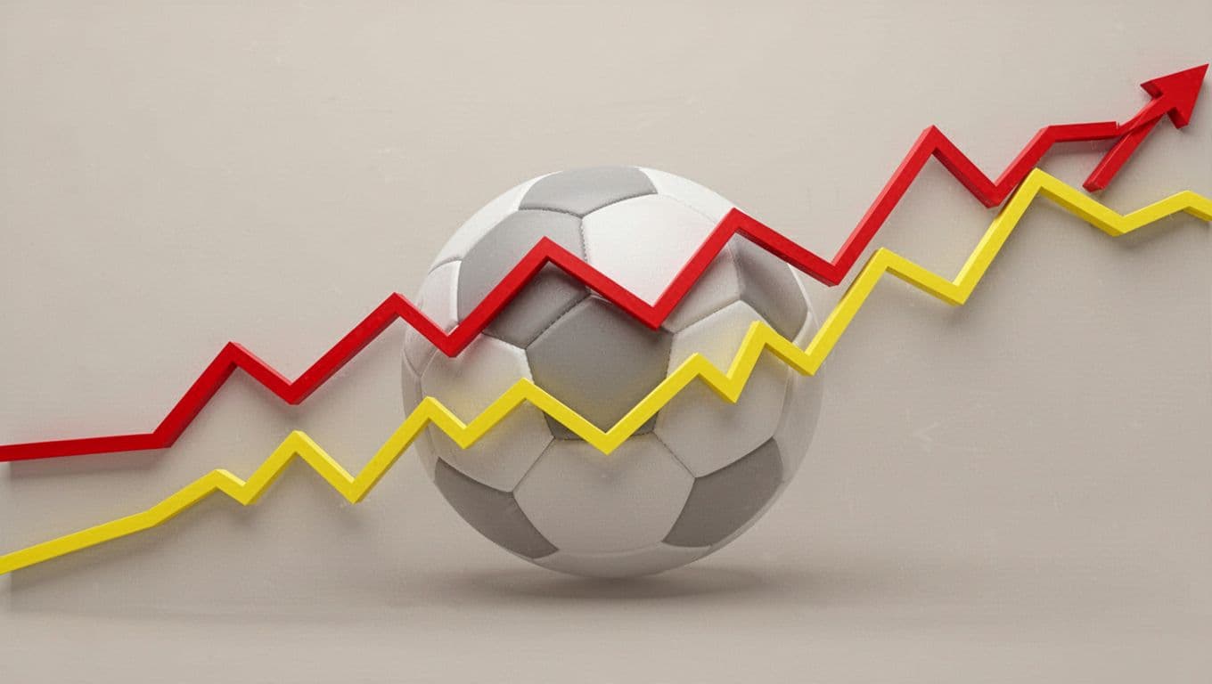 Fluctuating red and yellow jagged lines chart São Paulo FC points and goals conceded on neutral background with subtle football elements.