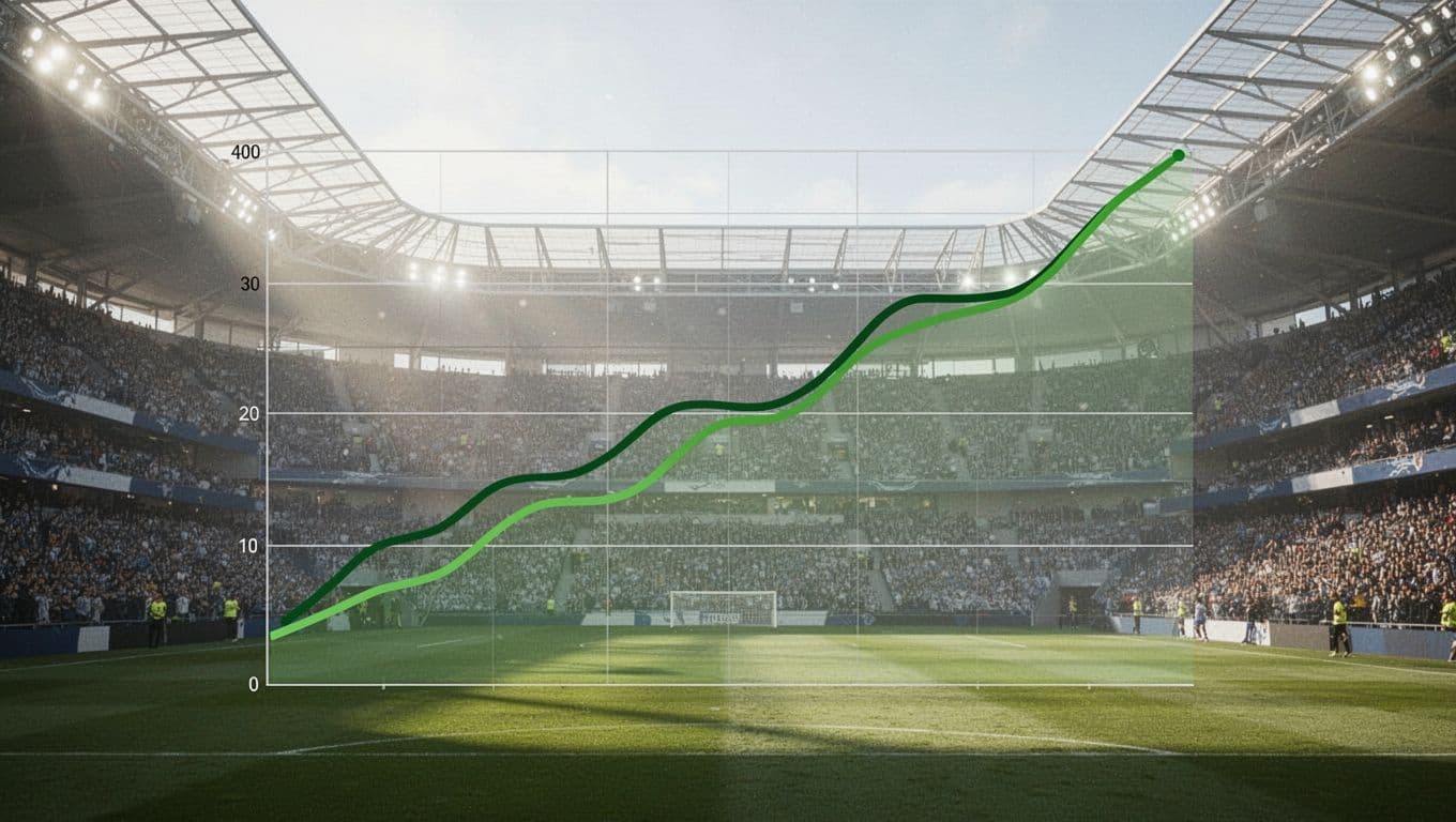 Upward green line graph of São Paulo FC points, goals scored, and clean sheets on football stadium background.