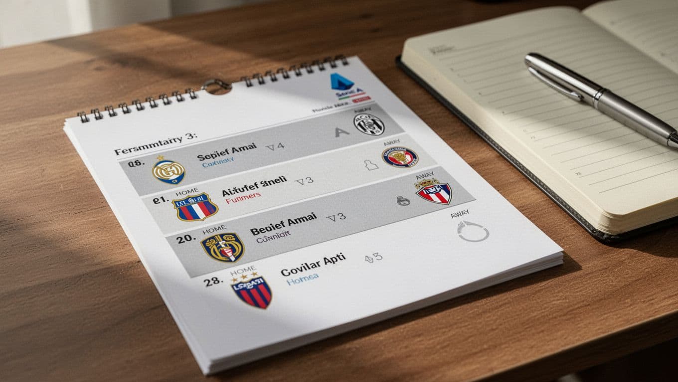 Close-up calendar page listing upcoming São Paulo FC Serie A matches with dates, opponents, home/away icons on a desk with notebook and pen.