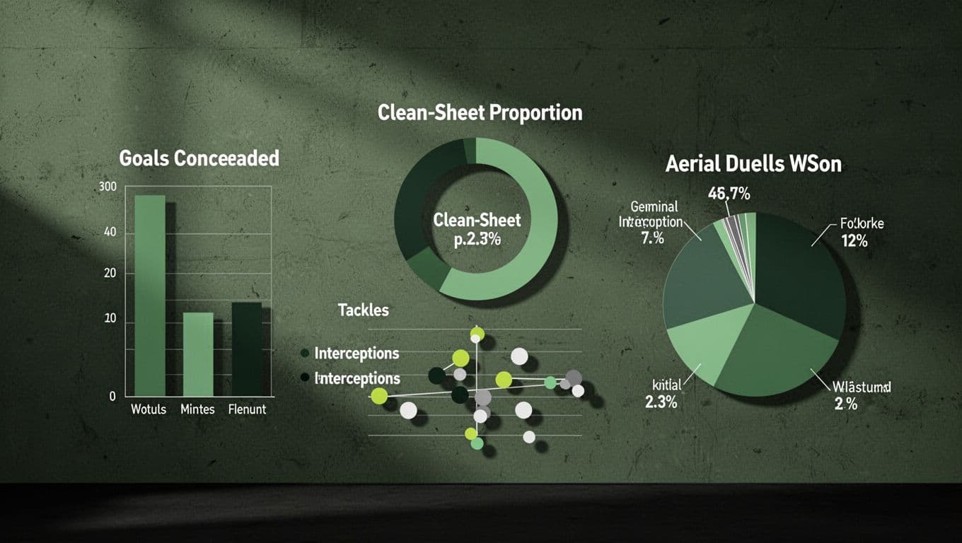 Infographic shows Sassuolo's defensive stats: goals conceded bar, clean sheets percentage, tackles scatter plot, aerial duels pie chart on defensive wall background.