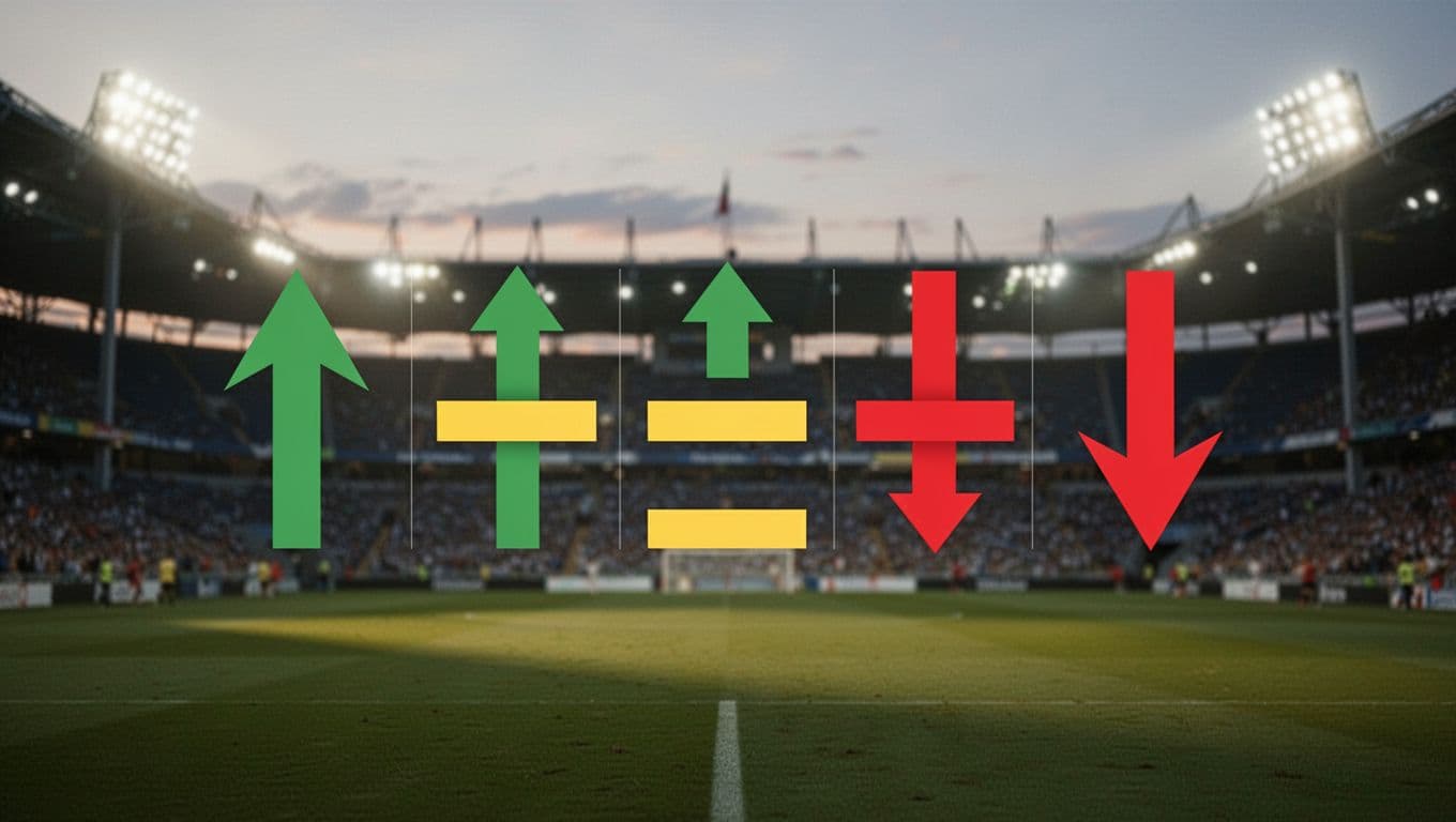 Line chart of Sassuolo's performance over five matches with green upward arrows for wins, yellow lines for draws, red downward arrows for losses on blurred evening stadium background.
