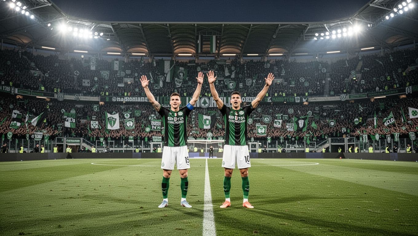 Mapei Stadium filled with green-black fans cheering as players celebrate a goal on the pitch under evening floodlights.