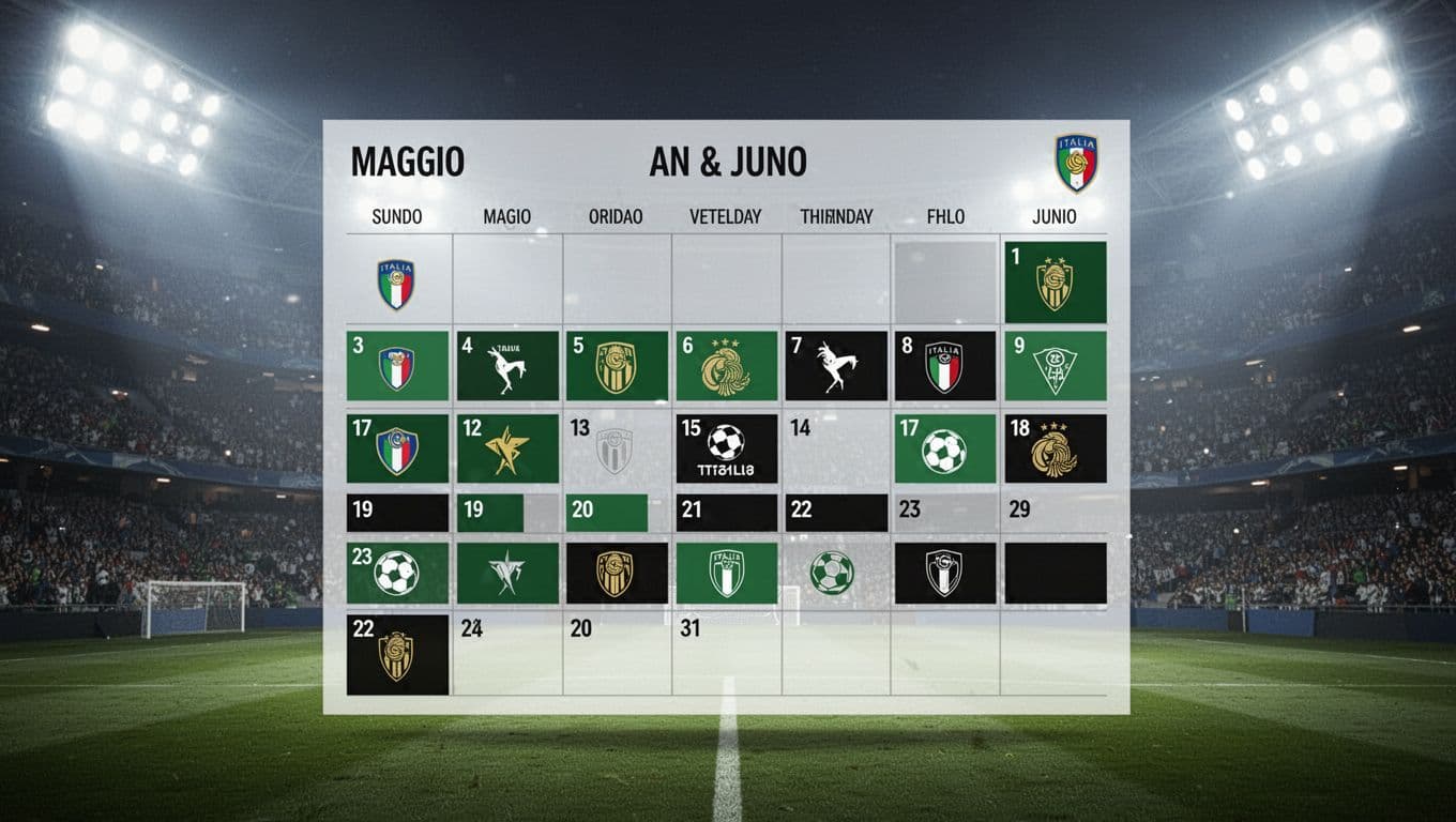 Calendar layout displays Sassuolo's Serie A 2026 matches for May-June with opponents, home/away icons in green-black colors on stadium background.