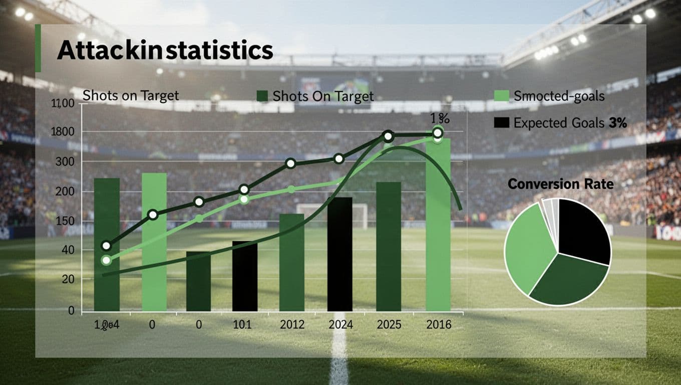 Infographic shows goals bar graph, shots on target line, xG curve, and conversion pie in green-black on stadium background.